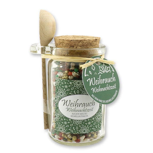 Insence mix 70g in a glass with cork and a wooden spoon decorated, "Weihnachtszeit" 