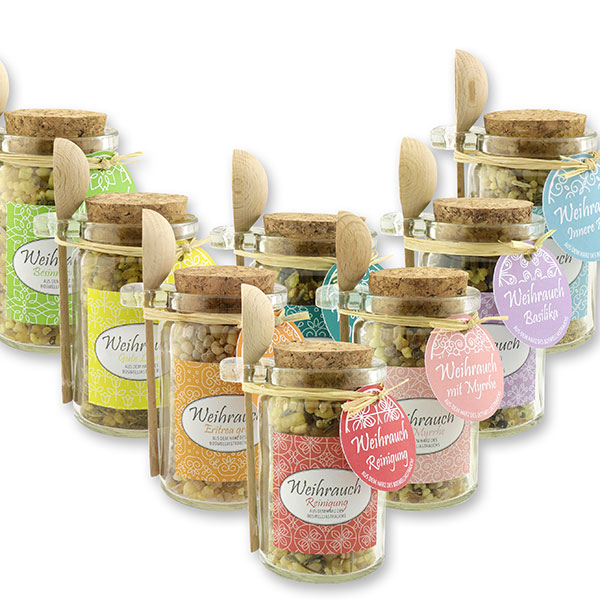 Insence mix 70g in a glass with cork and a wooden spoon decorated, sorted 