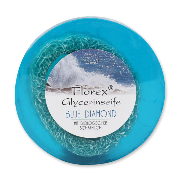 Handmade glycerin-soap with loofah 100g in cello, blue diamond 