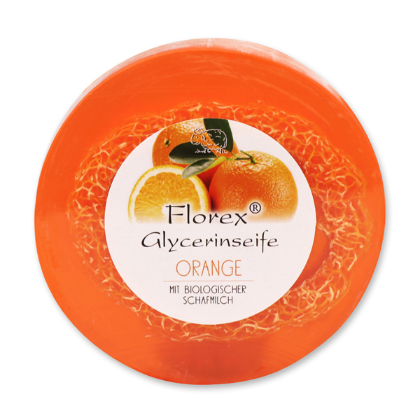 Handmade glycerin-soap with loofah 100g in cello, orange 