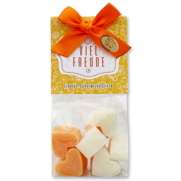 Sheep milk soap heart 10x8g in a cellophane bag "Viel Freude", Classic/Orange 
