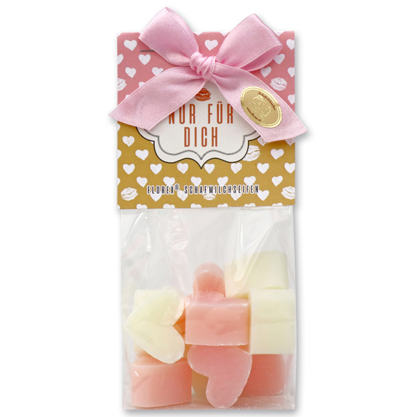 Sheep milk soap heart 10x8g in a cellophane bag "Nur für dich", Classic/Peony 