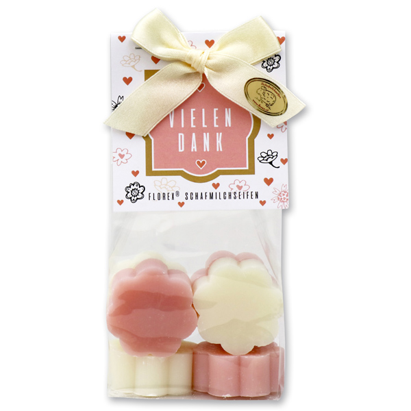 Sheep milk soap flower 6x20g in a cellophane bag "Vielen Dank",  Classic/Magnolia 