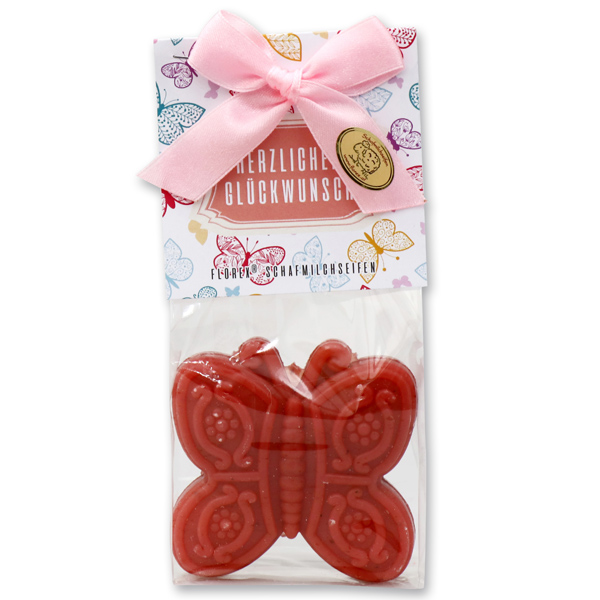 Sheep milk soap butterfly 60g in a cellophane bag "Herzlichen Glückwunsch", Rose with petals 