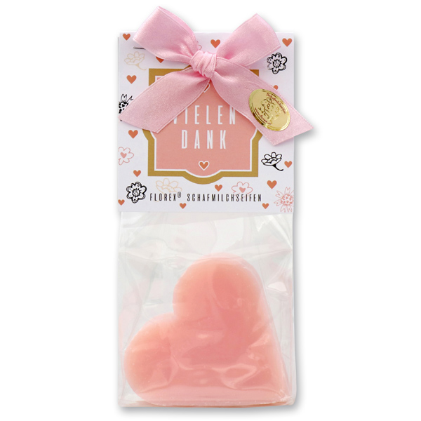 Sheep milk soap heart 85g in a cellophane bag "Vielen Dank", Peony 