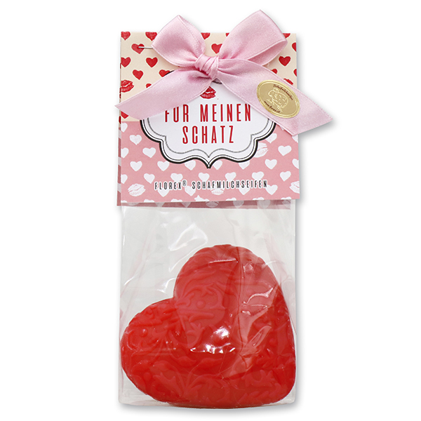 Sheep milk soap heart florex 80g in a cellophane bag "Für meinen Schatz", Granatapfel 