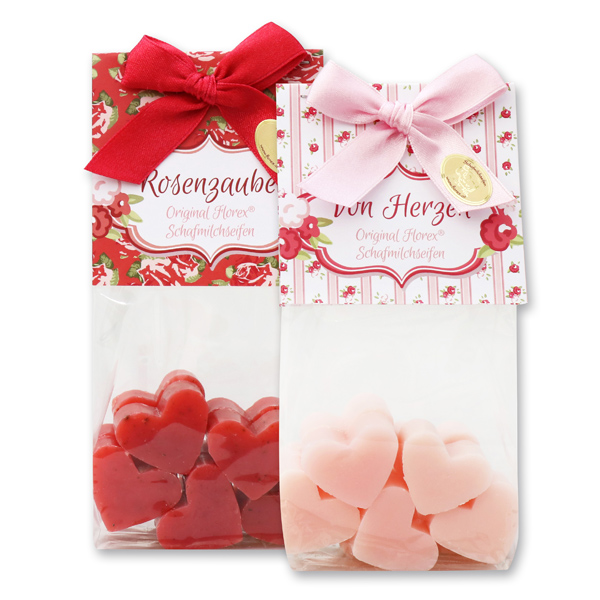 Schafmilchseife Herz mini 10x8g in Cello, Pfingstrose/Rose mit Blüten sortiert 