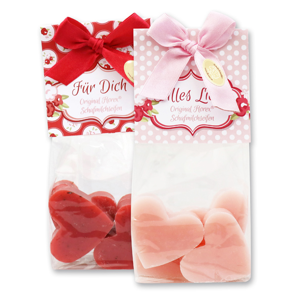 Sheep milk soap heart 4x23g in a cellophane bag, Peony/Rose with petals sorted 