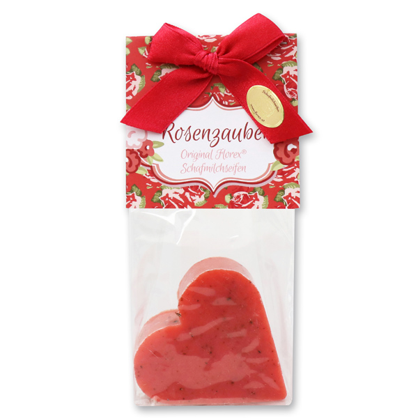 Sheep milk soap heart 85g in a cellophane bag "Rosenzauber", Peony 