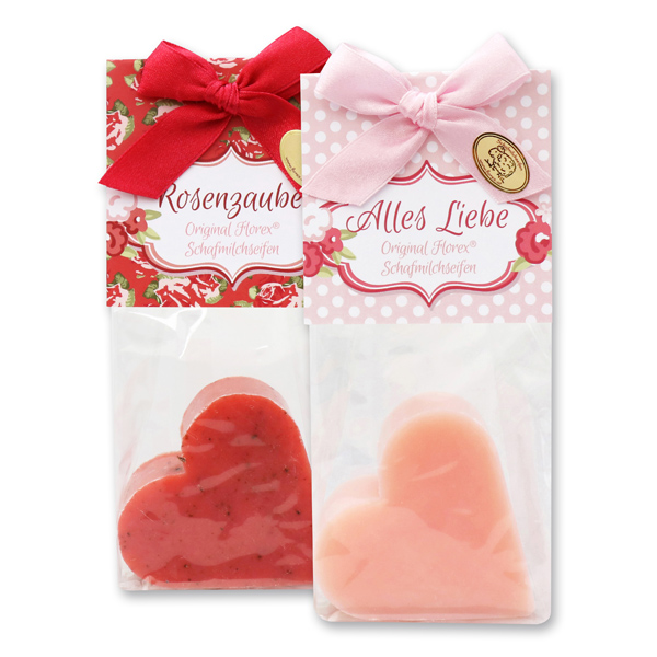 Sheep milk soap heart 85g in a cellophane bag, Peony/Rose with petals sorted 