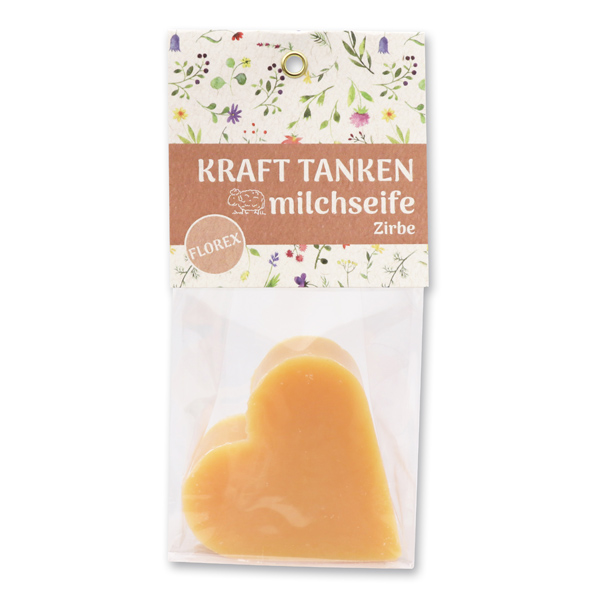 Sheep milk soap heart 85g in a cellophane bag "Kraft tanken", Swiss Pine 