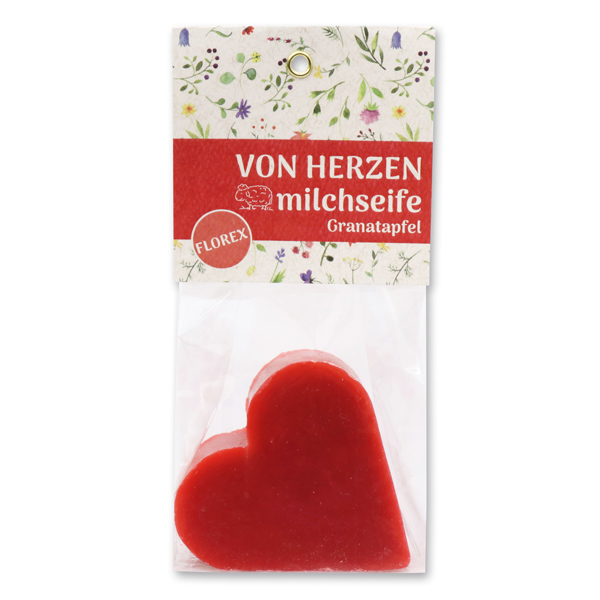 Sheep milk soap heart 85g in a cellophane bag "Von Herzen", Pomegranate 