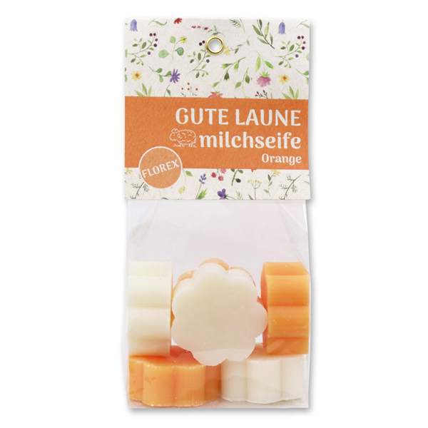 Sheep milk soap flower 6x20g in a cellophane bag "Gute Laune", Classic/Orange 