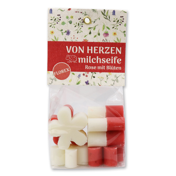 Schafmilchseife Margerite mini 6x15g in Cello "Von Herzen", Classic/Rose mit Blüten 