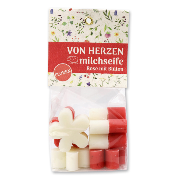 Schafmilchseife Margerite mini 6x15g in Cello "Von Herzen", Classic/Rose mit Blüten 