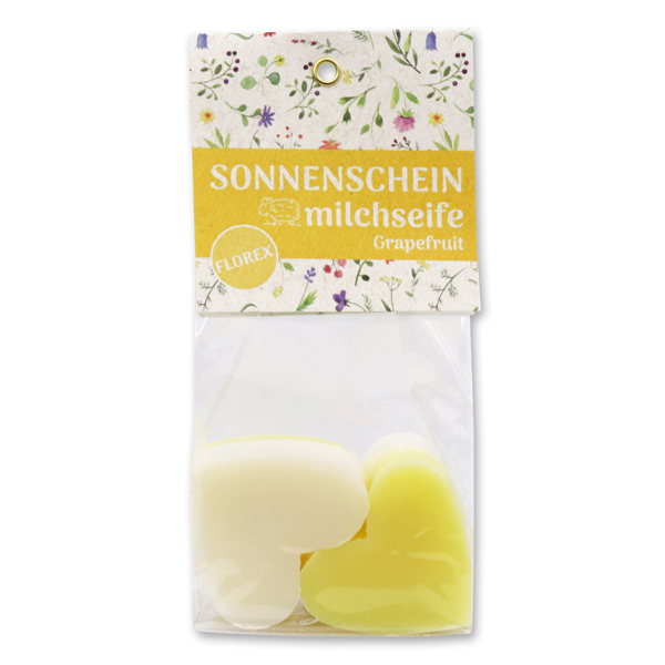 Sheep milk soap heart 4x23g in a cellophane bag "Sonnenschein", Classic/Grapefruit 