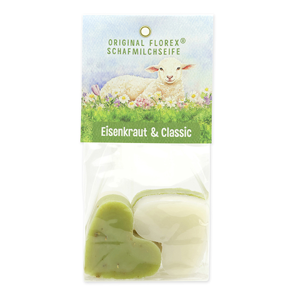 Schafmilchseife Herz mittel 4x23g in Cello "Naturzauber Motiv 1, Classic/Eisenkraut 