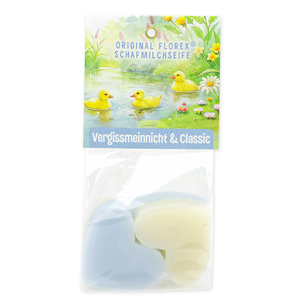 Schafmilchseife Herz mittel 4x23g in Cello "Naturzauber Motiv 12, Classic/Vergissmeinnicht 