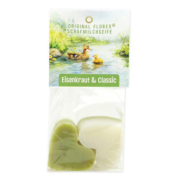 Schafmilchseife Herz mittel 4x23g in Cello "Naturzauber Motiv 5, Classic/Eisenkraut 