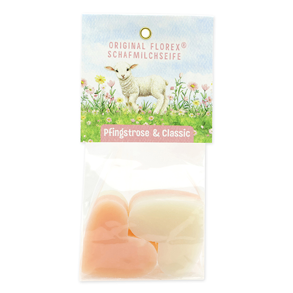 Schafmilchseife Herz mittel 4x23g in Cello "Naturzauber Motiv 6, Classic/Pfingstrose 