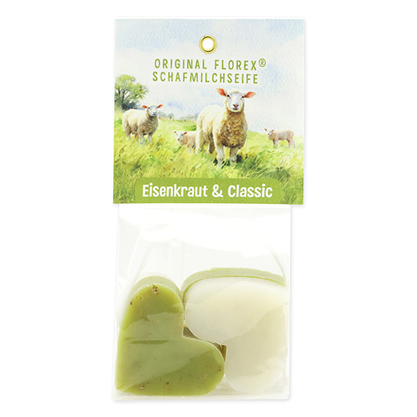 Schafmilchseife Herz mittel 4x23g in Cello "Naturzauber Motiv 7, Classic/Eisenkraut 