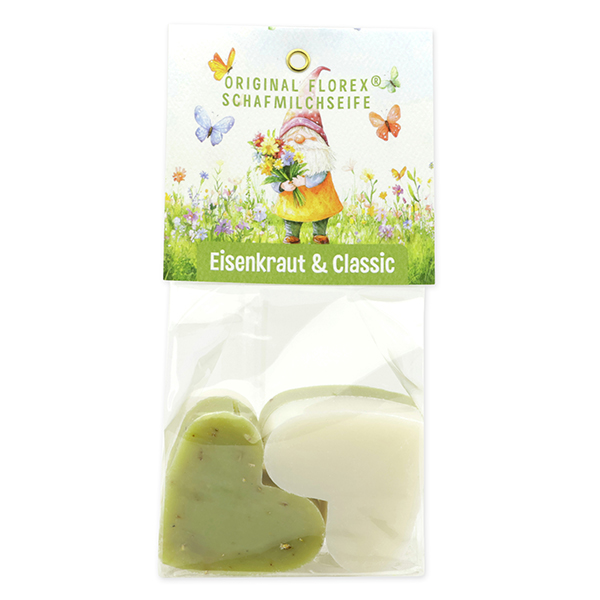 Schafmilchseife Herz mittel 4x23g in Cello "Naturzauber Motiv 9, Classic/Eisenkraut 