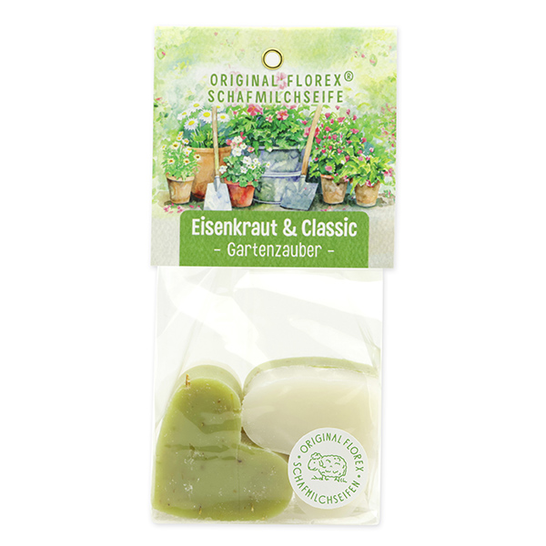 Schafmilchseife Herz mittel 4x23g in Cello "Gartenzauber Motiv 7, Classic/Eisenkraut 