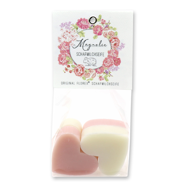 Sheep milk soap heart 4x23g in a cellophane 'Einzigartige Augenblicke', Classic/Magnolia 