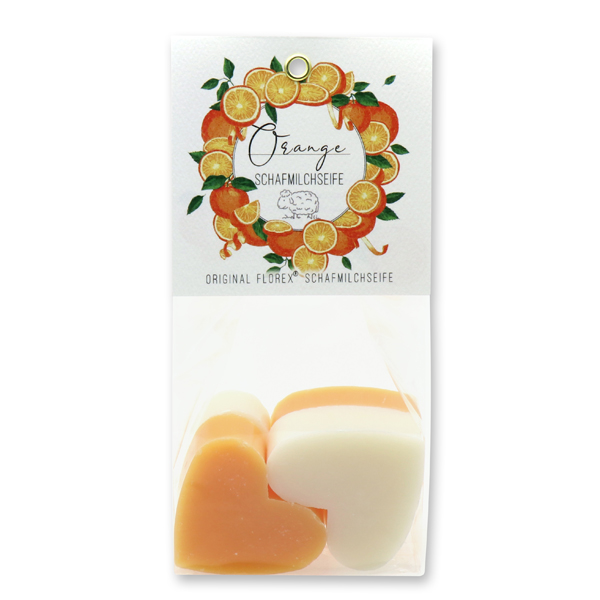 Sheep milk soap heart 4x23g in a cellophane 'Einzigartige Augenblicke', Classic/Orange 