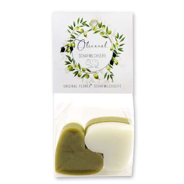 Sheep milk soap heart 4x23g in a cellophane 'Einzigartige Augenblicke', Classic/Olive oil 