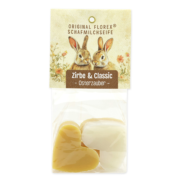 Schafmilchseife Herz mittel 4x23g in Cello "Osterzauber Motiv 1, Classic/Zirbe 