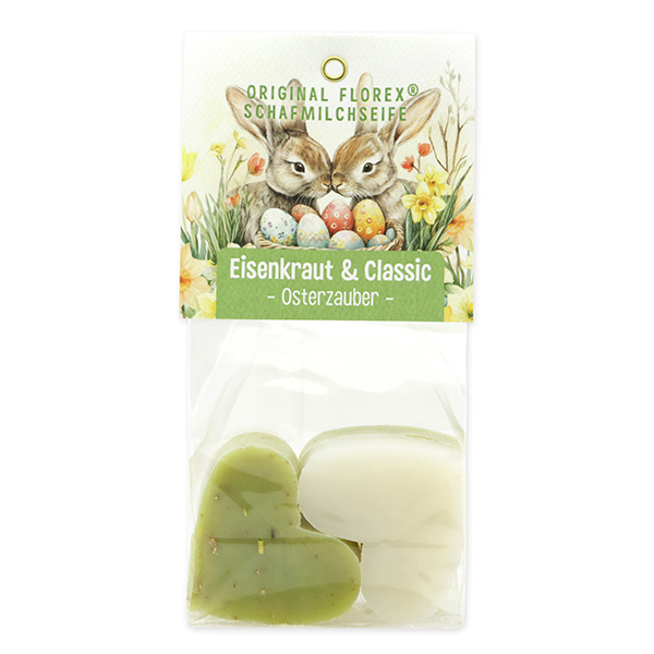 Schafmilchseife Herz mittel 4x23g in Cello "Osterzauber Motiv 3, Classic/Eisenkraut 