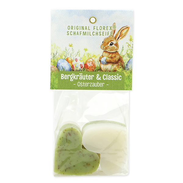 Schafmilchseife Herz mittel 4x23g in Cello "Osterzauber Motiv 4, Classic/Bergkräuter 