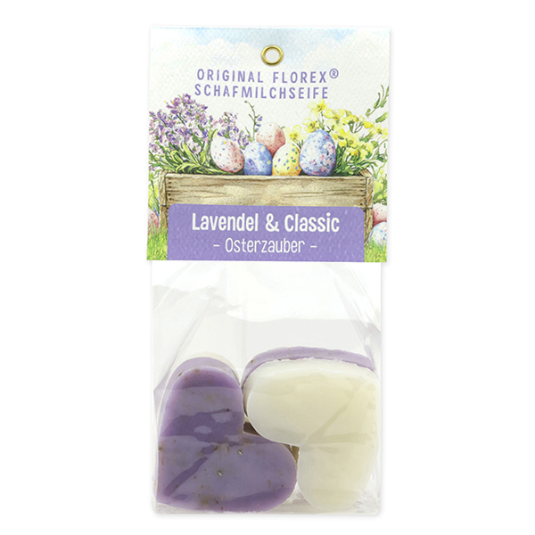 Schafmilchseife Herz mittel 4x23g in Cello "Osterzauber Motiv 7, Classic/Lavendel 