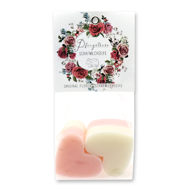 Sheep milk soap heart 4x23g in a cellophane 'Einzigartige Augenblicke', Classic/Peony 