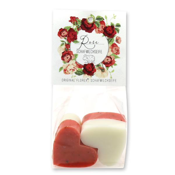 Sheep milk soap heart 4x23g in a cellophane 'Einzigartige Augenblicke', Classic/Rose with petals 