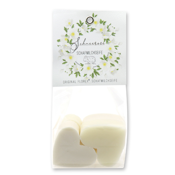 Sheep milk soap heart 4x23g in a cellophane 'Einzigartige Augenblicke', Classic/Christmas rose white 