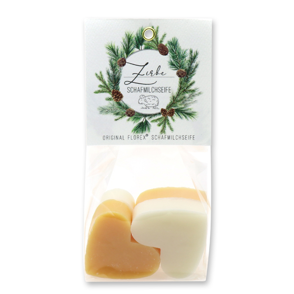 Sheep milk soap heart 4x23g in a cellophane 'Einzigartige Augenblicke', Classic/Swiss pine 