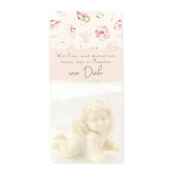 Schafmilchseife Engel liegend 50g in Cello "Weil Engel nicht überall sein können,...", Schneerose 