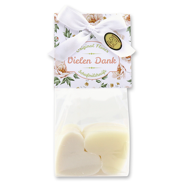 Schafmilchseife Herz mittel 4x23g in Cello "Vielen Dank", Classic/Schneerose 