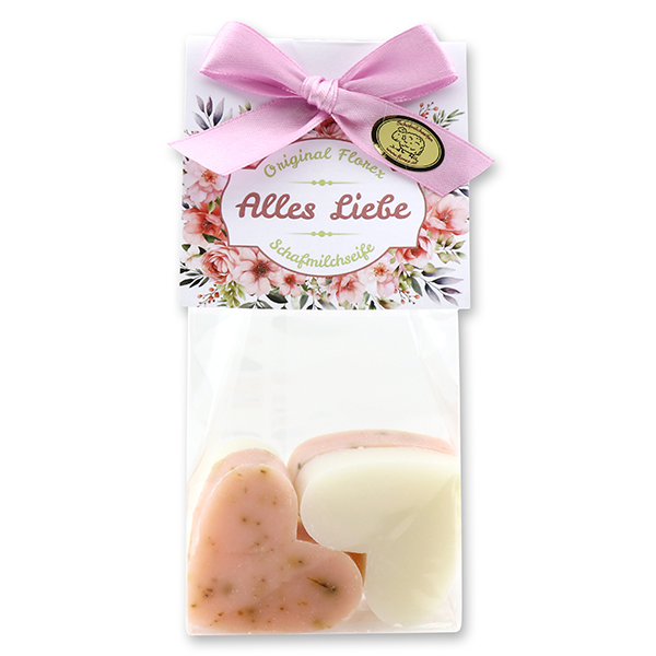 Sheep milk soap heart 4x23g in a cellophane "Alles Liebe", Classic/Wild rose 