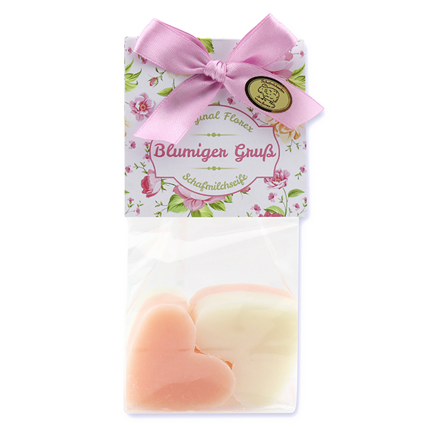 Schafmilchseife Herz mittel 4x23g in Cello "Blumiger Gruß", Classic/Pfingstrose 