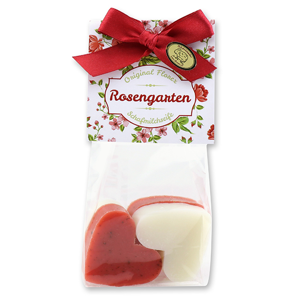 Sheep milk soap heart 4x23g in a cellophane "Rosengarten", Classic/Rose with petals 