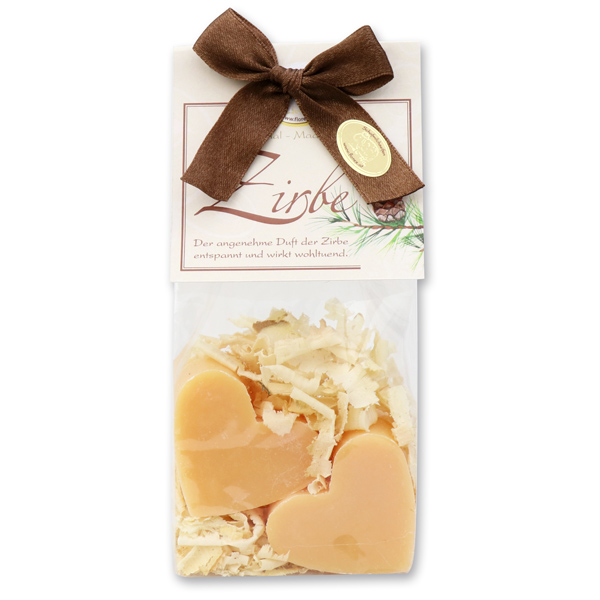Sheep milk soap heart 4x23g with swiss pine shavings in a cellophane bag "classic", Swiss pine 