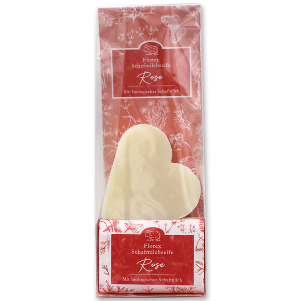 Schafmilchseifen "Florentine" in Cello, Herz 85g Classic und  eckig 100g Rose rot 