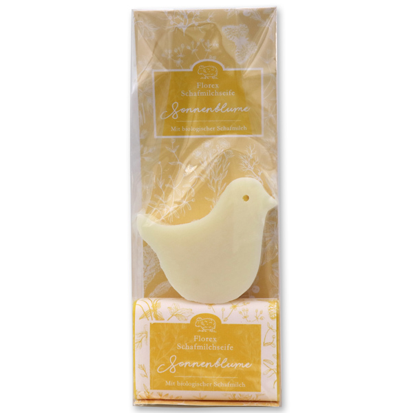 Schafmilchseifen "Florentine" in Cello, Vogel 70g Classic und  eckig 100g Sonnenblume 