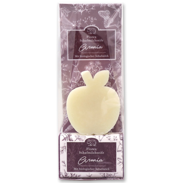 Sheepmilk soap packed with florentine-sleeve in a cellophane bag, apple 96g classic and 100g chokeberry 
