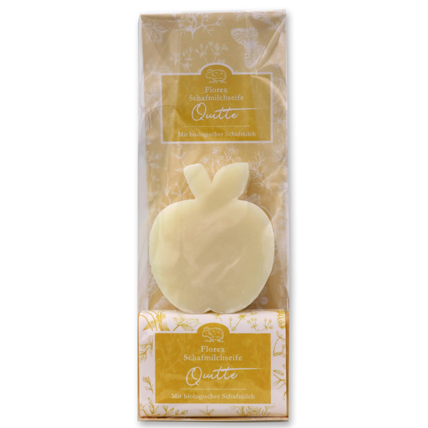 Schafmilchseifen "Florentine" in Cello, Apfel 96g Classic und  eckig 100g Quitte 