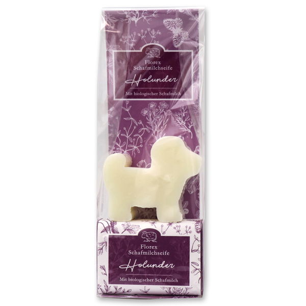 Sheep milk soap packed with florentine-sleeve in a cellophane bag, dog 72g classic and 100g Elderberry 