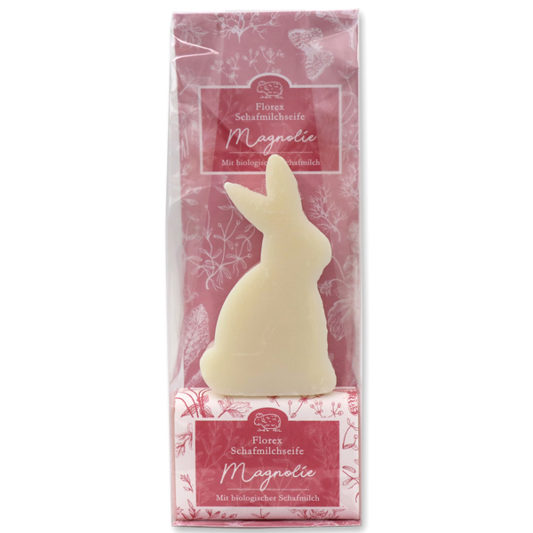 Sheepmilk soap packed with florentine-sleeve in a cellophane bag, rabbit 80g classic and 100g magnolia 